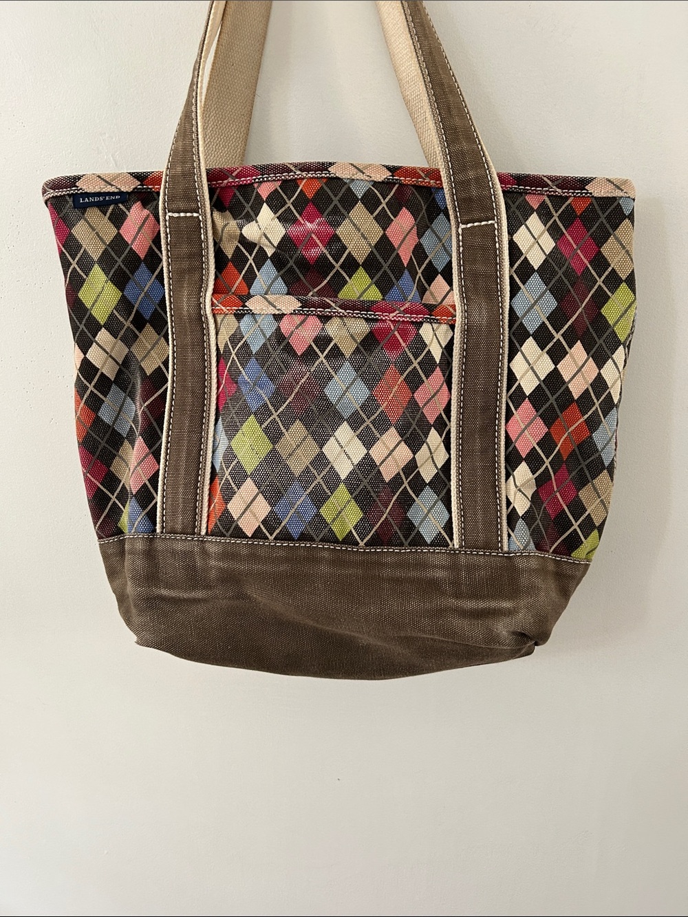 Lands End Argyle Canvas Tote Bag Medium Brown Preppy Beach Boat Travel Bag - Picture 3 of 15
